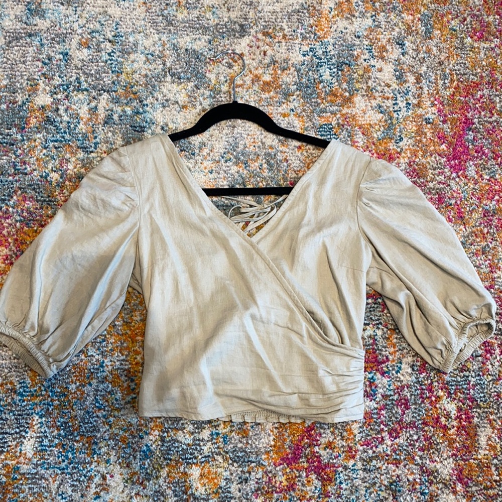 Abercrombie Sage Green Wrap Top with Puff Sleeves